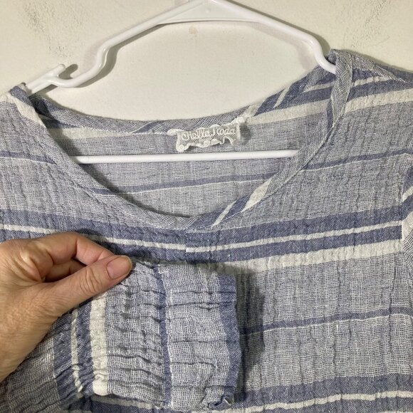 Womens Stella Moda Linen Cropped Tunic 3/4 Sleeve Blue White Striped S - Picture 3 of 9